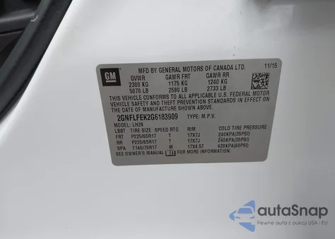 2016 Chevrolet Equinox Lt z USA, uszkodzony, nr VIN 2GNFLFEK2G6183909